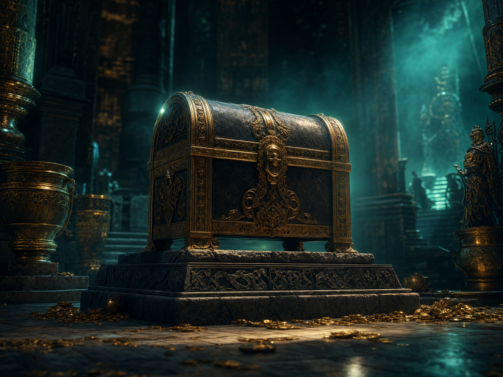 Treasure chest on a pedestal in a grand royal interior with scattered coins