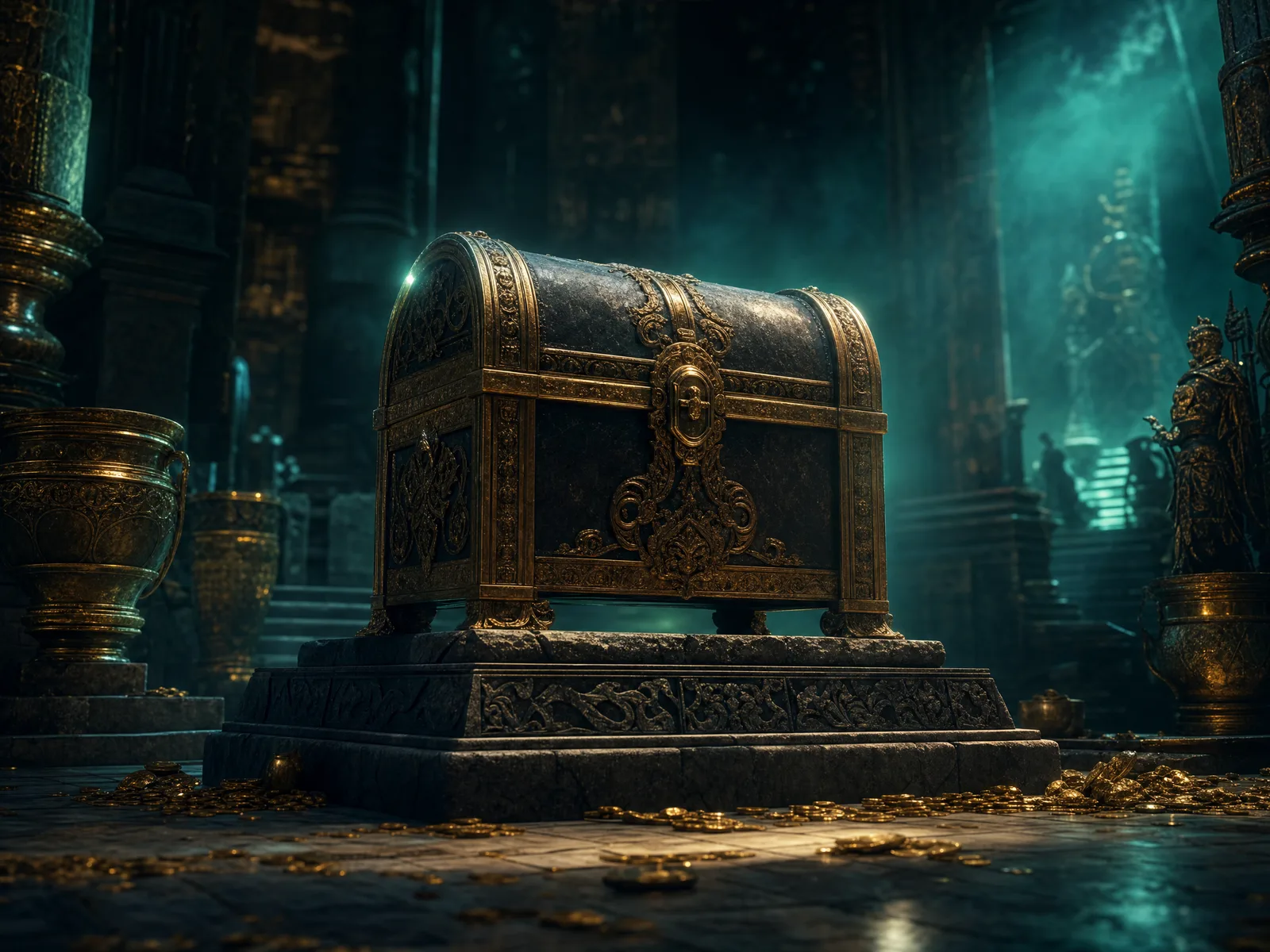 Treasure chest on a pedestal in a grand royal interior with scattered coins
