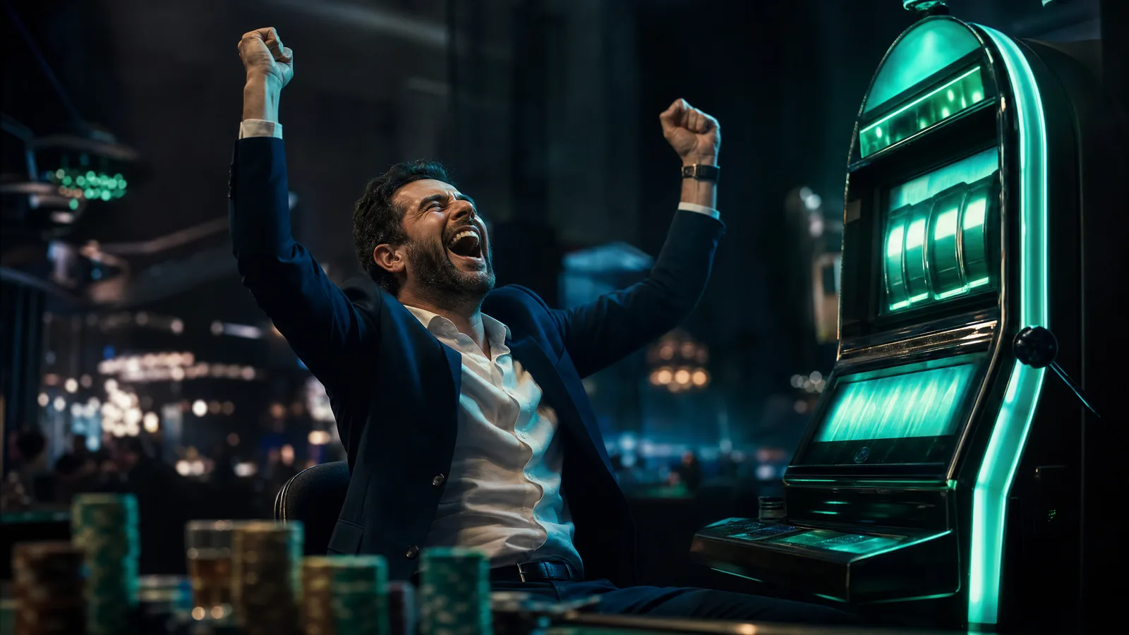 Celebrating player beside a winning slot machine in cinematic casino lighting