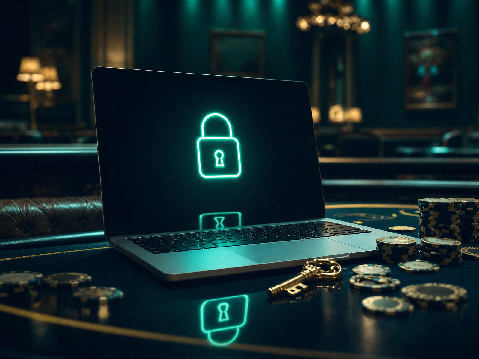 Secure online casino login interface with premium casino chips and golden key on polished table