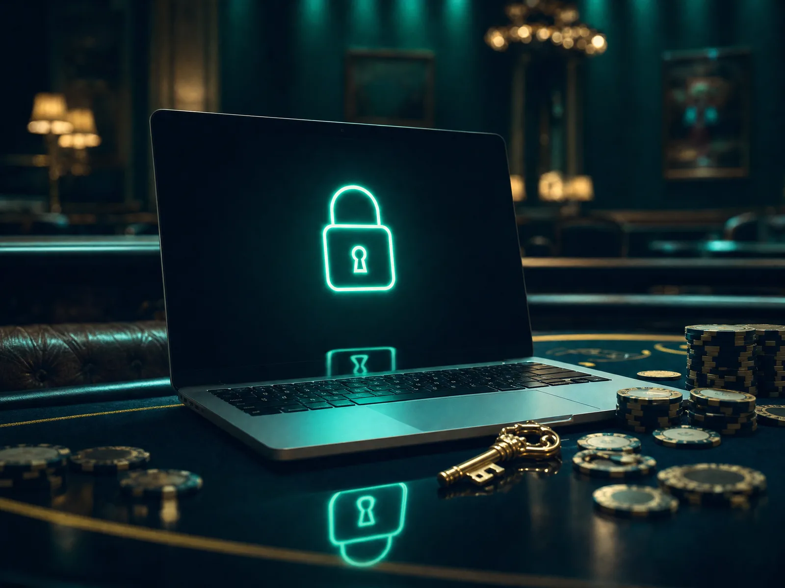 Secure online casino login interface with premium casino chips and golden key on polished table