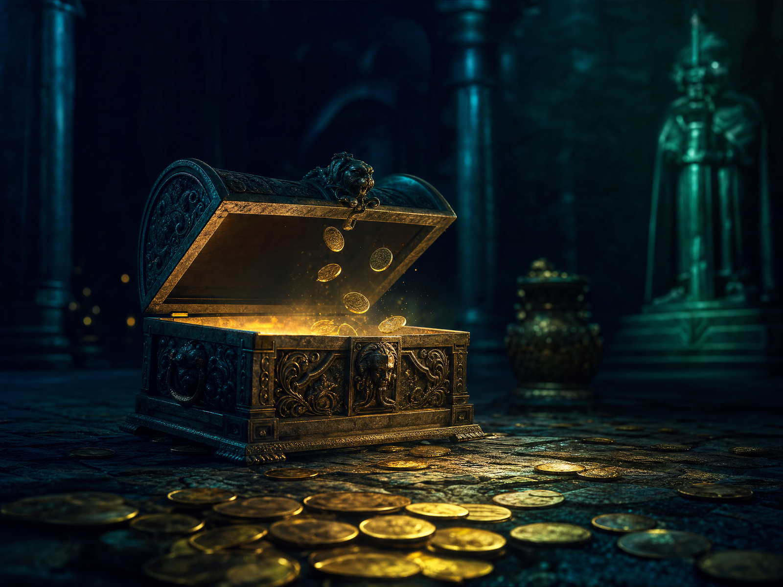 Golden coins drifting back into an ornate treasure chest in dramatic lighting