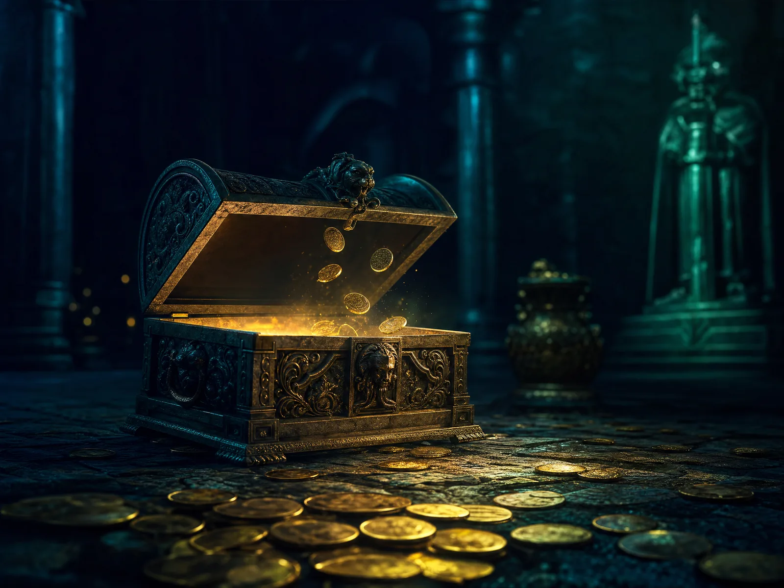 Golden coins drifting back into an ornate treasure chest in dramatic lighting