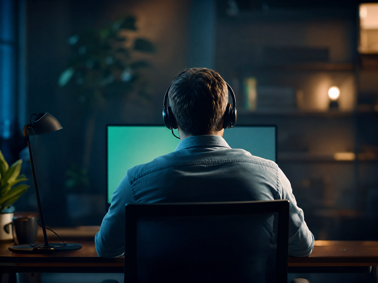 Professional customer support agent with headset at a modern desk assisting casino players