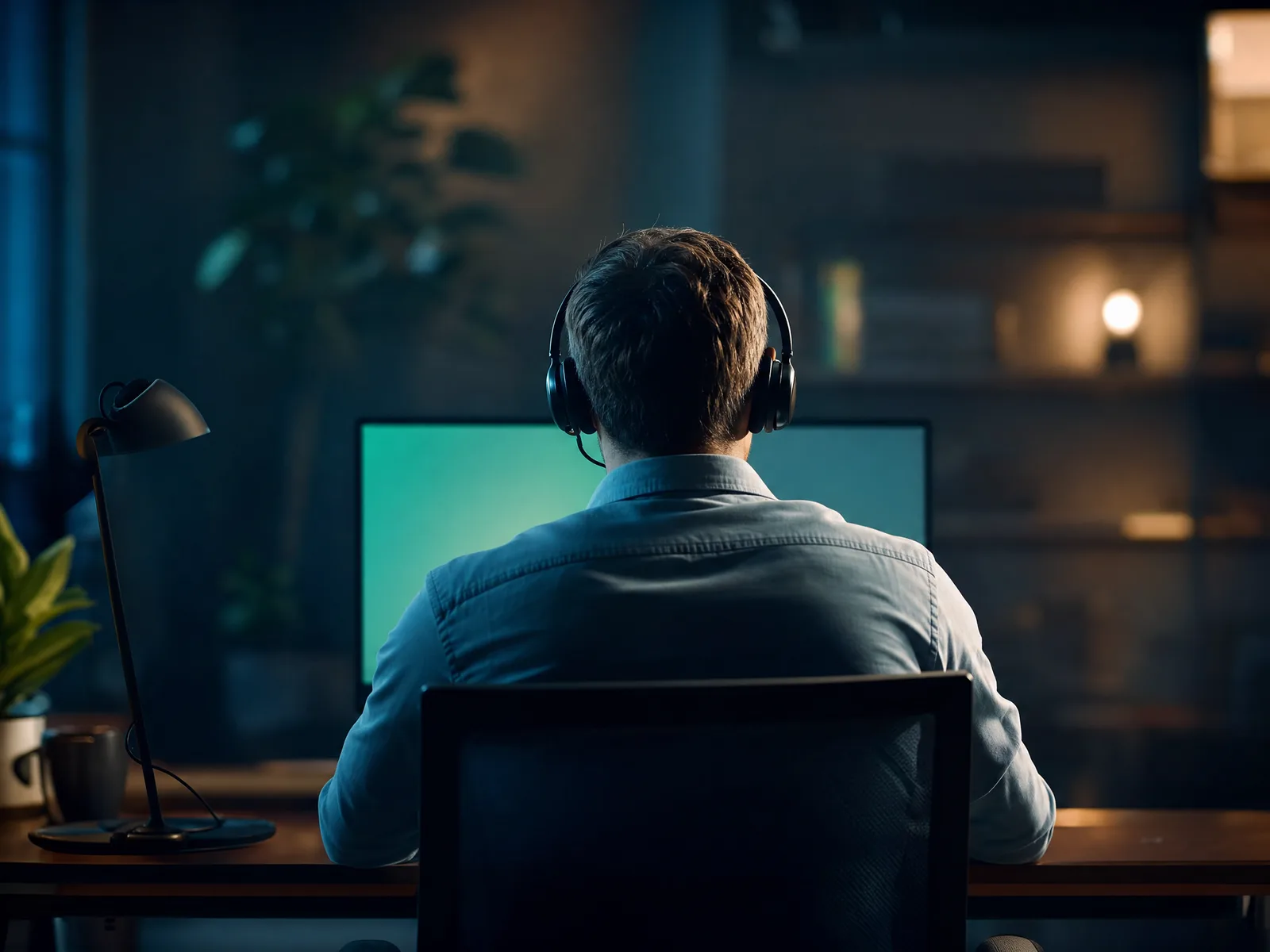 Professional customer support agent with headset at a modern desk assisting casino players