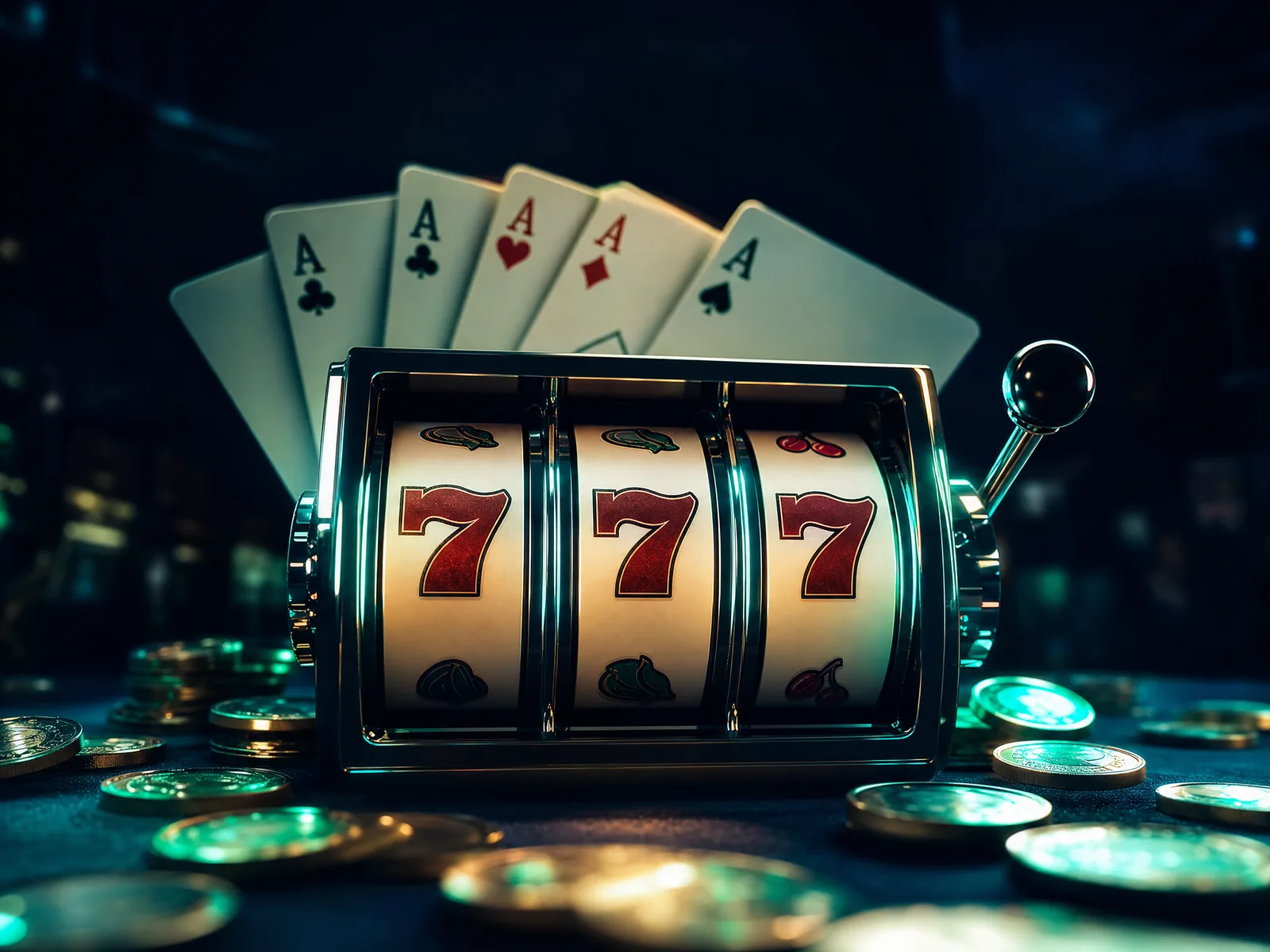 Casino slot machine with playing cards and scattered coins in dramatic cinematic lighting