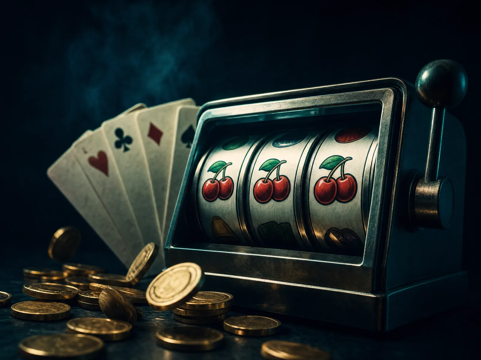 Slot machine reels with cards and coins in dramatic cinematic lighting