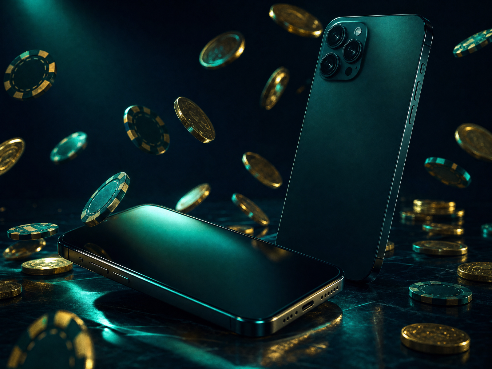 Two smartphones surrounded by floating casino chips and coins
