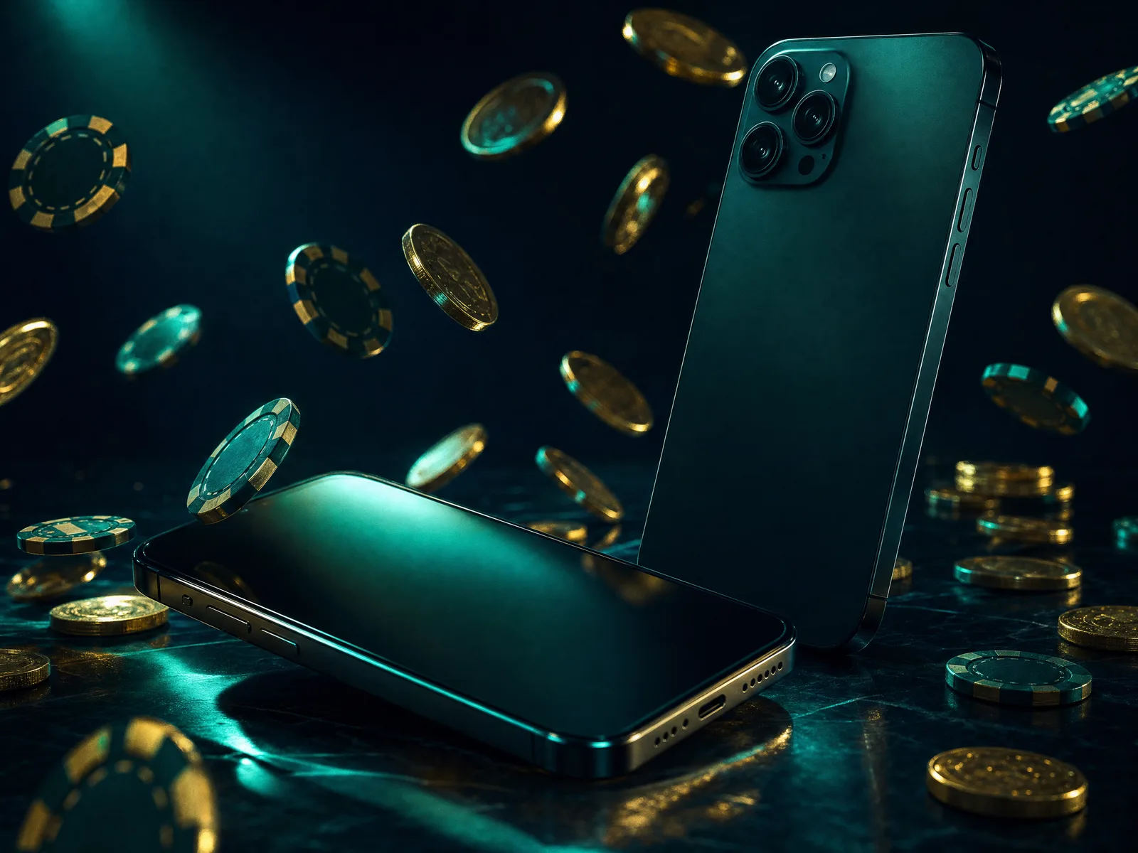 Two smartphones surrounded by floating casino chips and coins