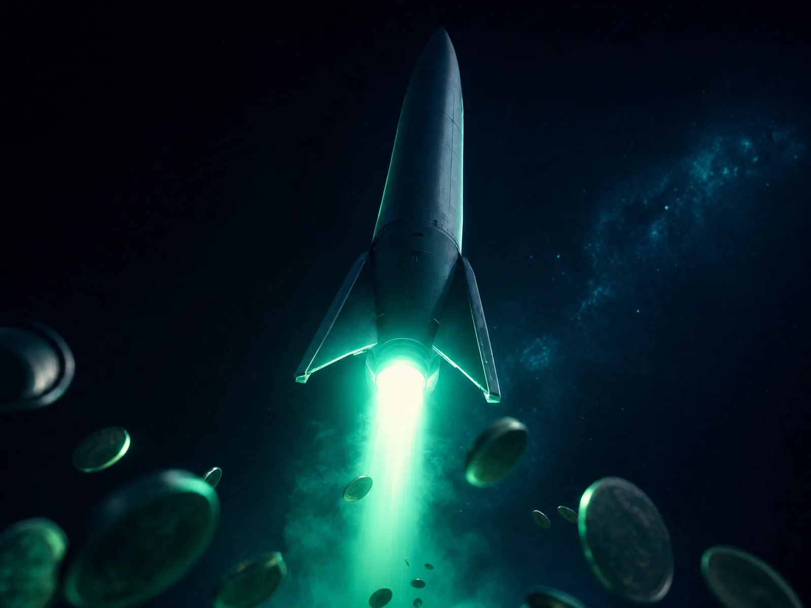 Rocket ascending overhead against dark sky with coins drifting toward viewer