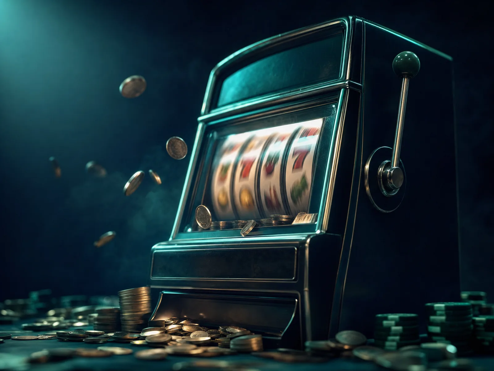 Slot machine cabinet at an angle with reels spinning and coins floating mid-air