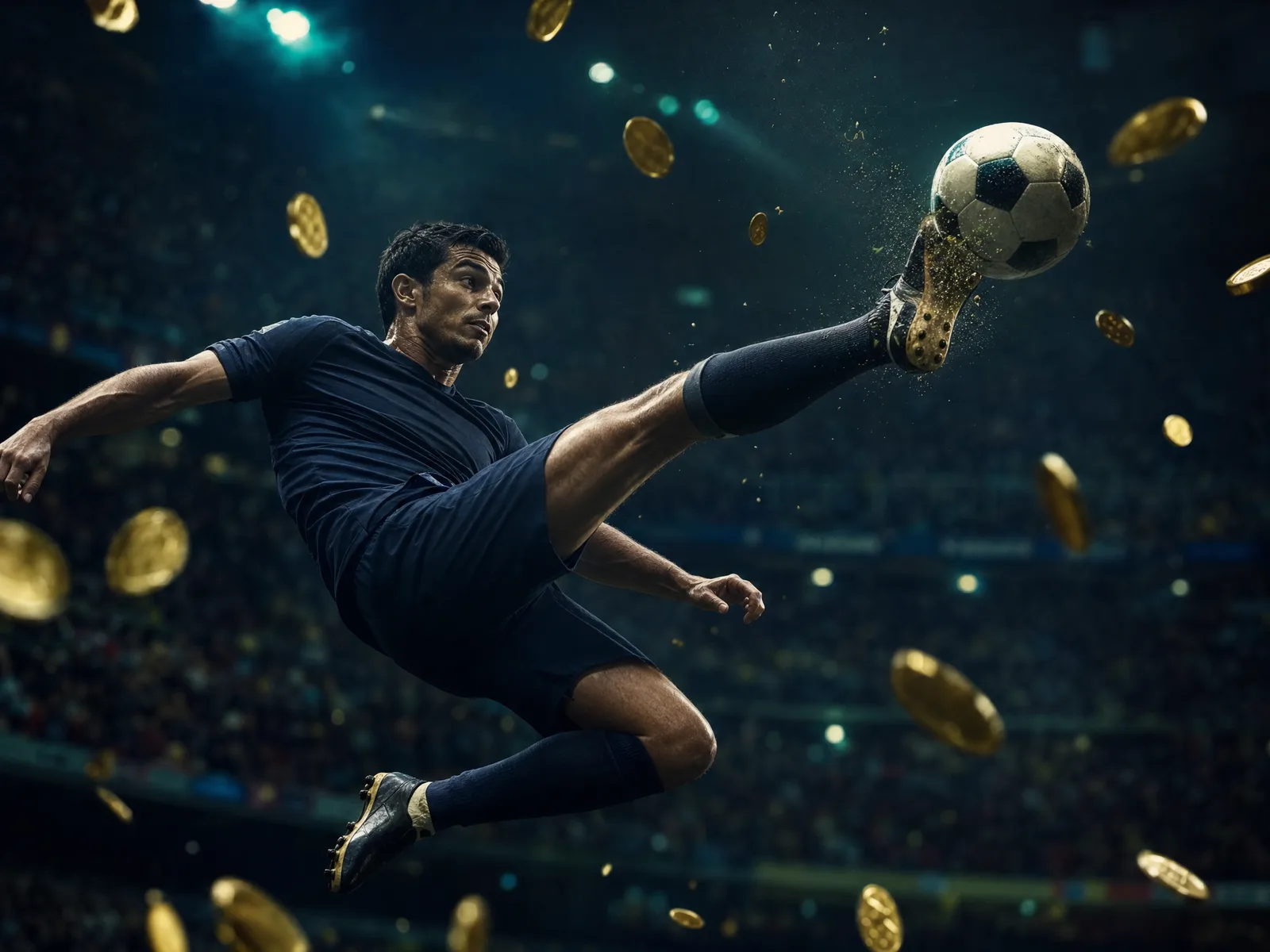 Footballer in mid-volley with coins drifting in a packed stadium