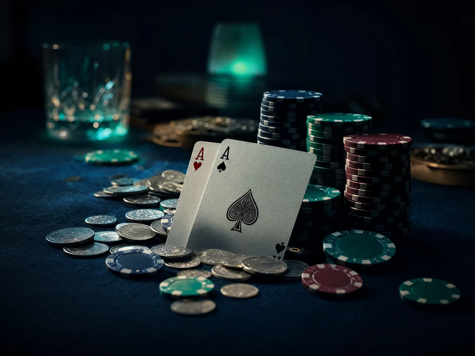 Two aces on dark casino felt with scattered coins and chips under dramatic lighting